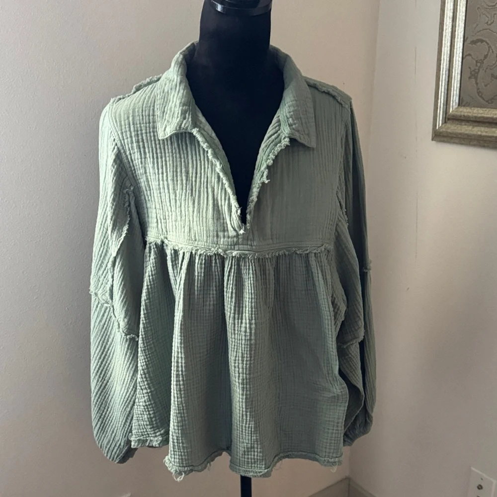 Ces Femme Olive Gauze Peasant Top